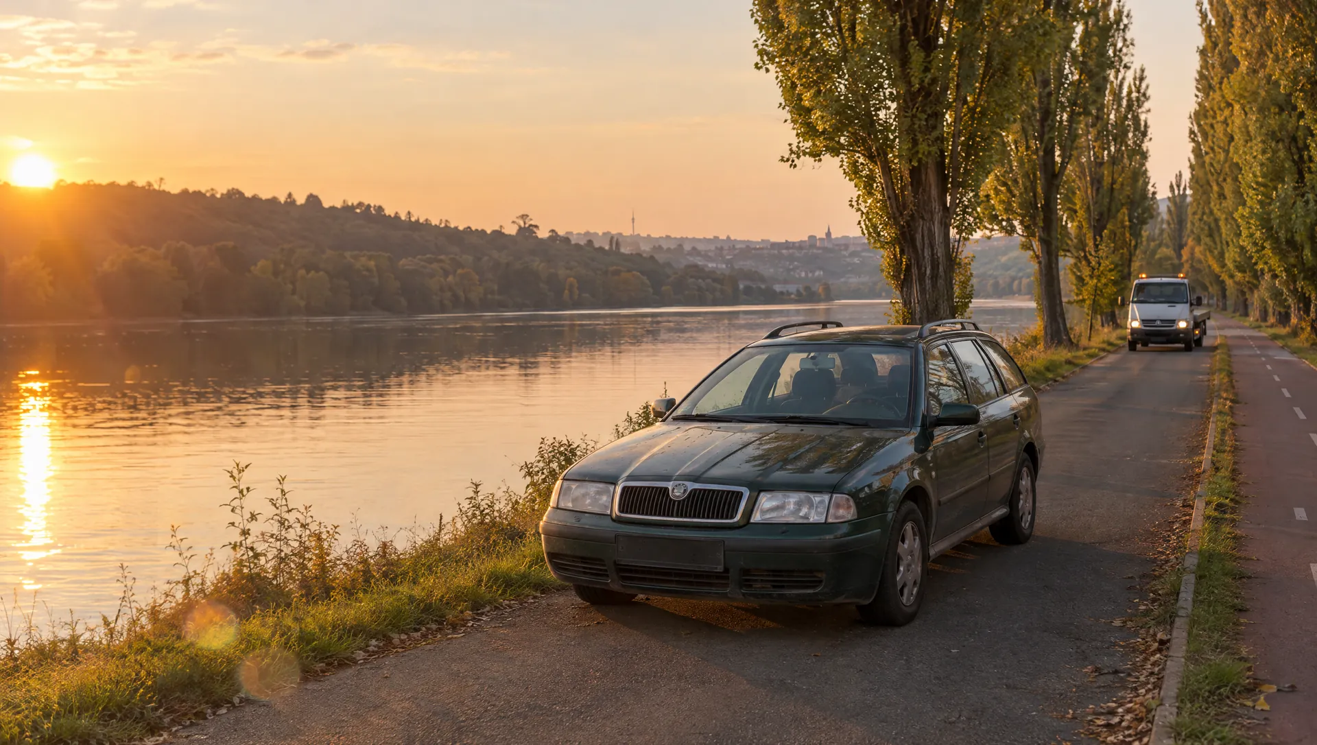 Stará Škoda Octavia Combi stojí u Vltavy v Modřanech, po nábřeží přijíždí odtahový vůz