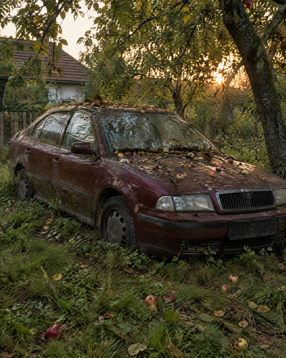 Léta odstavená Škoda Octavia pod stromy v zahradě za domem